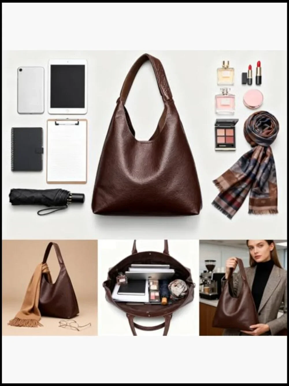 Large Foldable Vegan Leather Slouchy Hobo Shoulder Purse Work Tote
